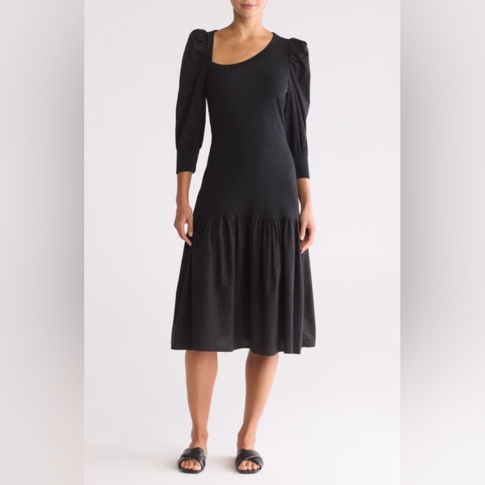 Nation Ltd Catalina Flounce Midi Dress Black Puff Sleeve Size Medium M